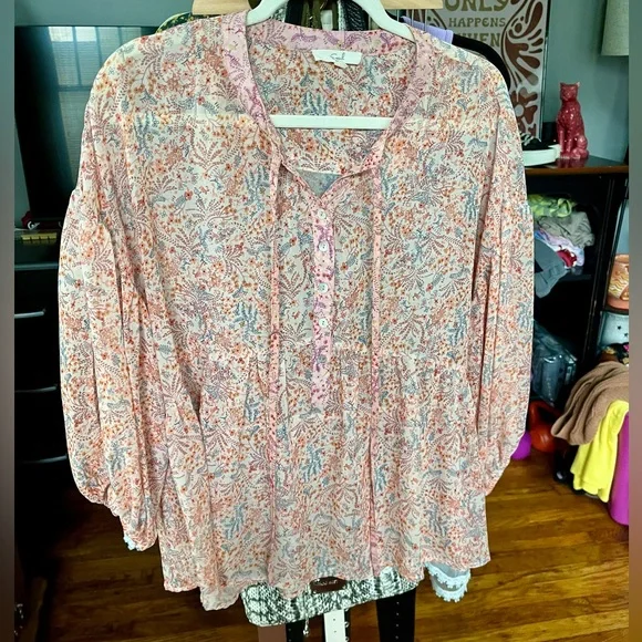 Easel Flowy Floral Blouse Pink and Peachy Orange Small Fits Bigger - Picture 11 of 12